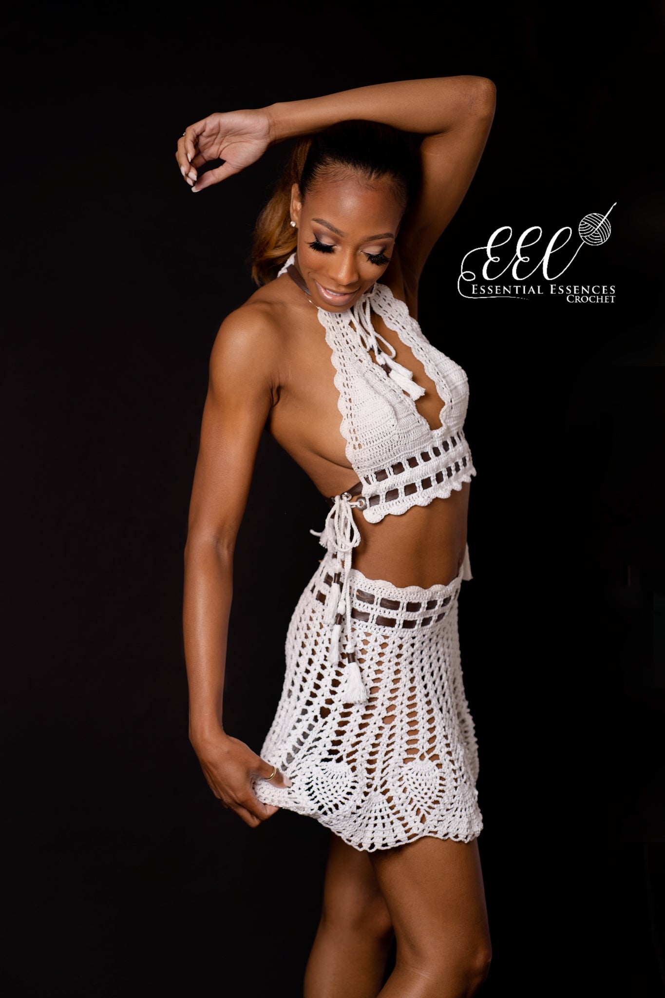 Crochet White 2pc Skirt and Halter w/ Leather Straps & Tassels image 1