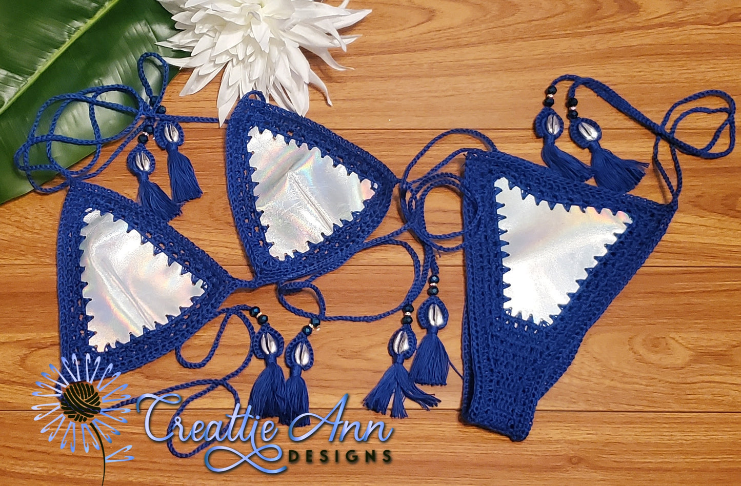 2022 Handmade Crochet 2pc "Blue Iridescent" Leather & Lace Collection image 1