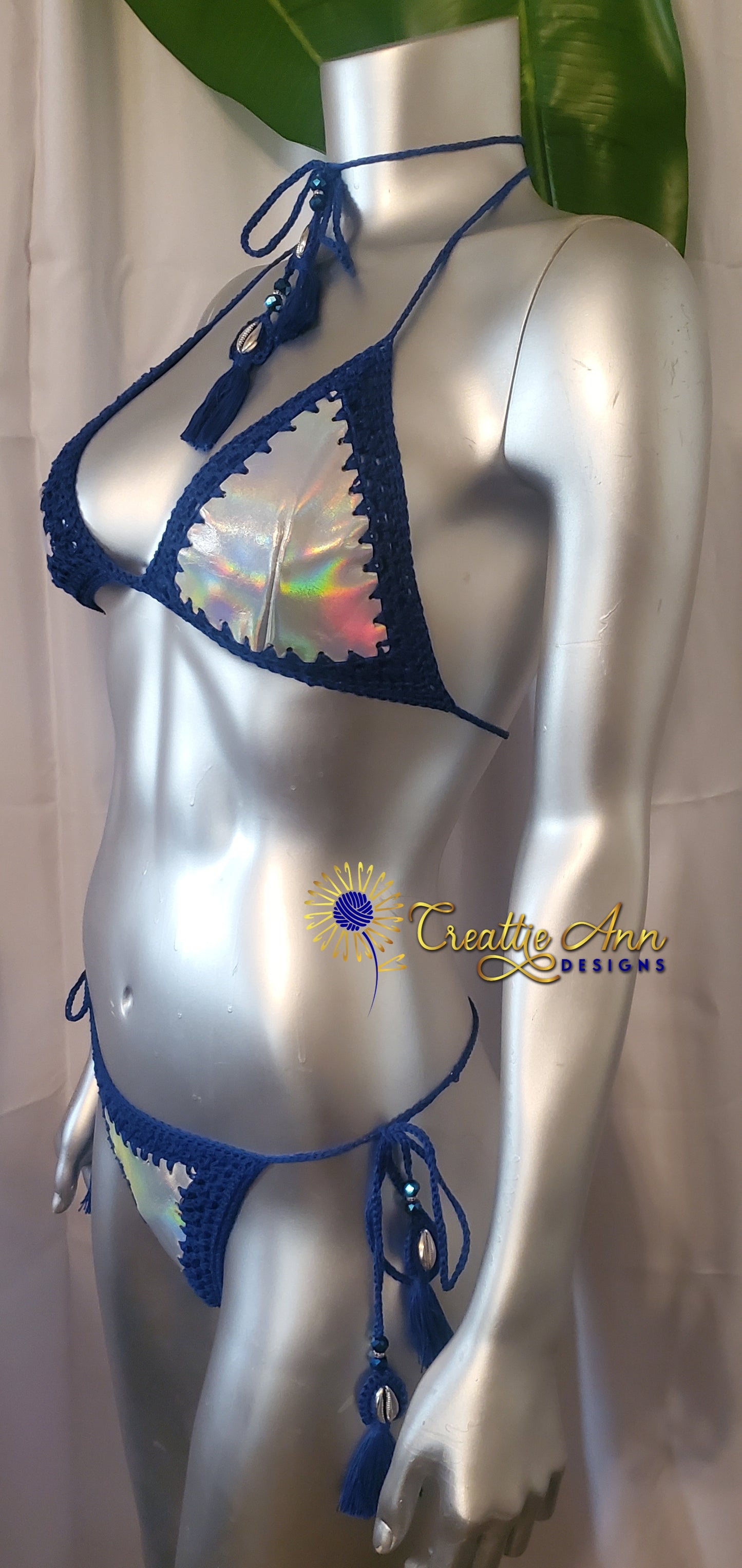 2022 Handmade Crochet 2pc "Blue Iridescent" Leather & Lace Collection image 4