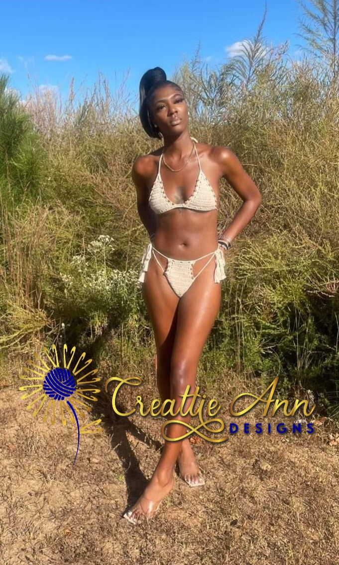 2pc Beaded Cream Crochet Bikini image 2
