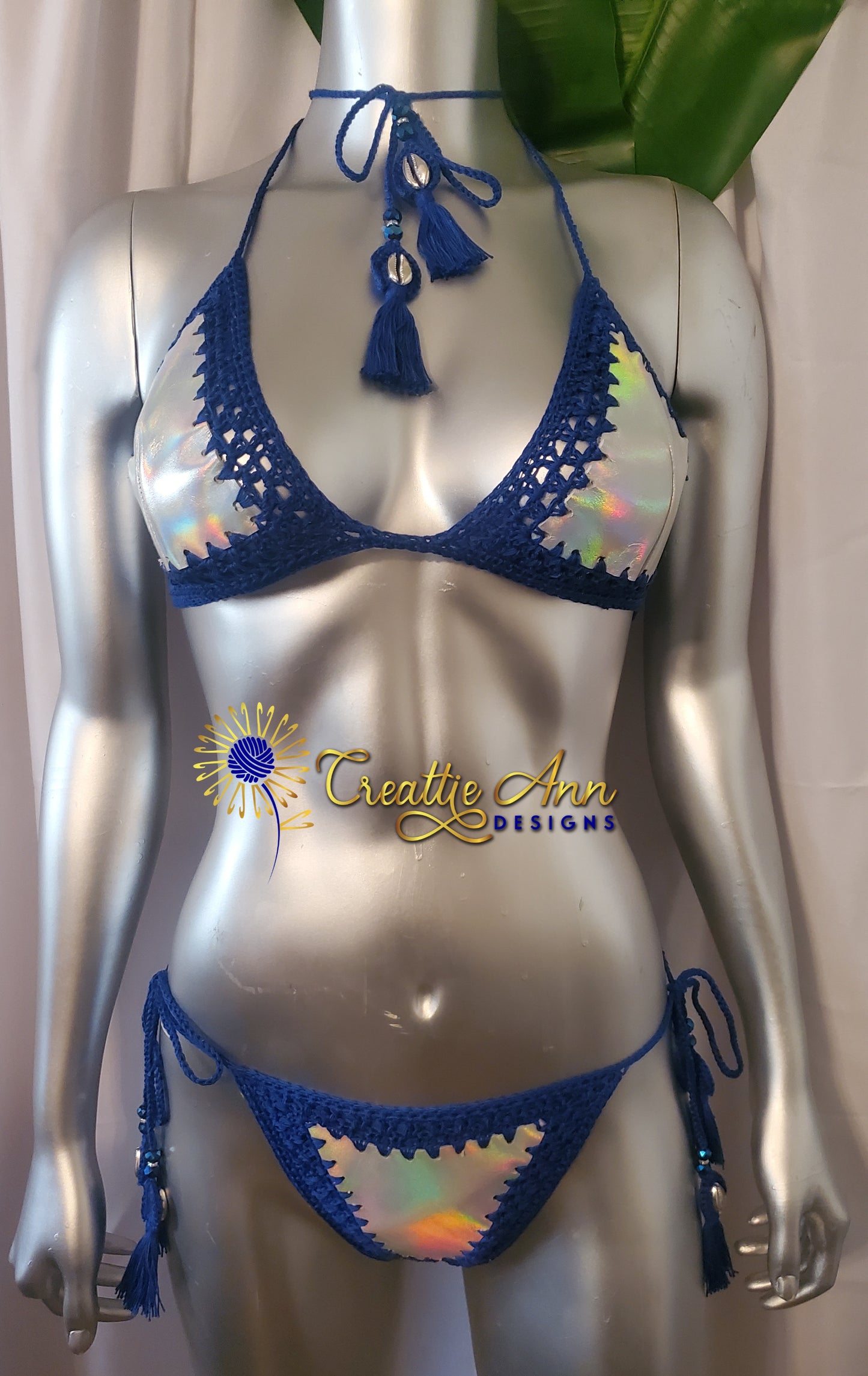 2022 Handmade Crochet 2pc "Blue Iridescent" Leather & Lace Collection image 2