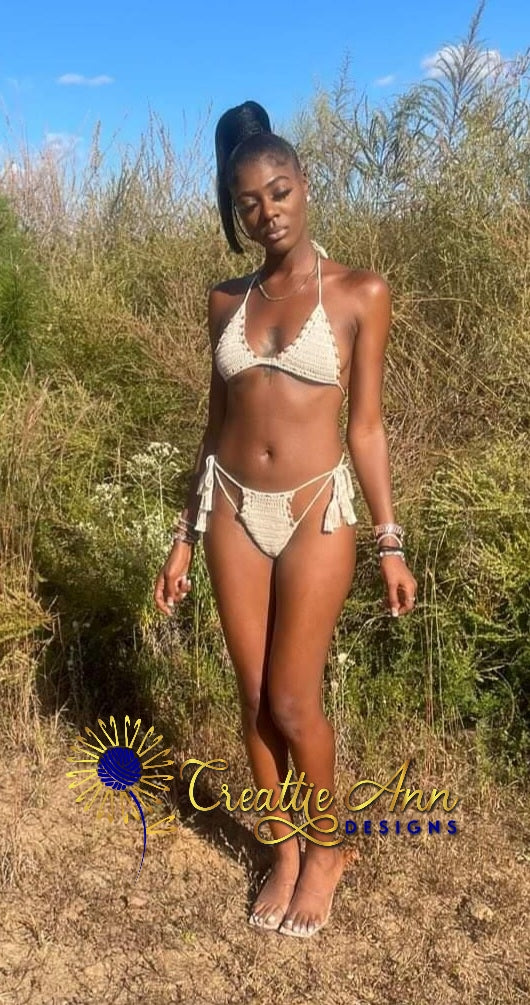 2pc Beaded Cream Crochet Bikini image 7
