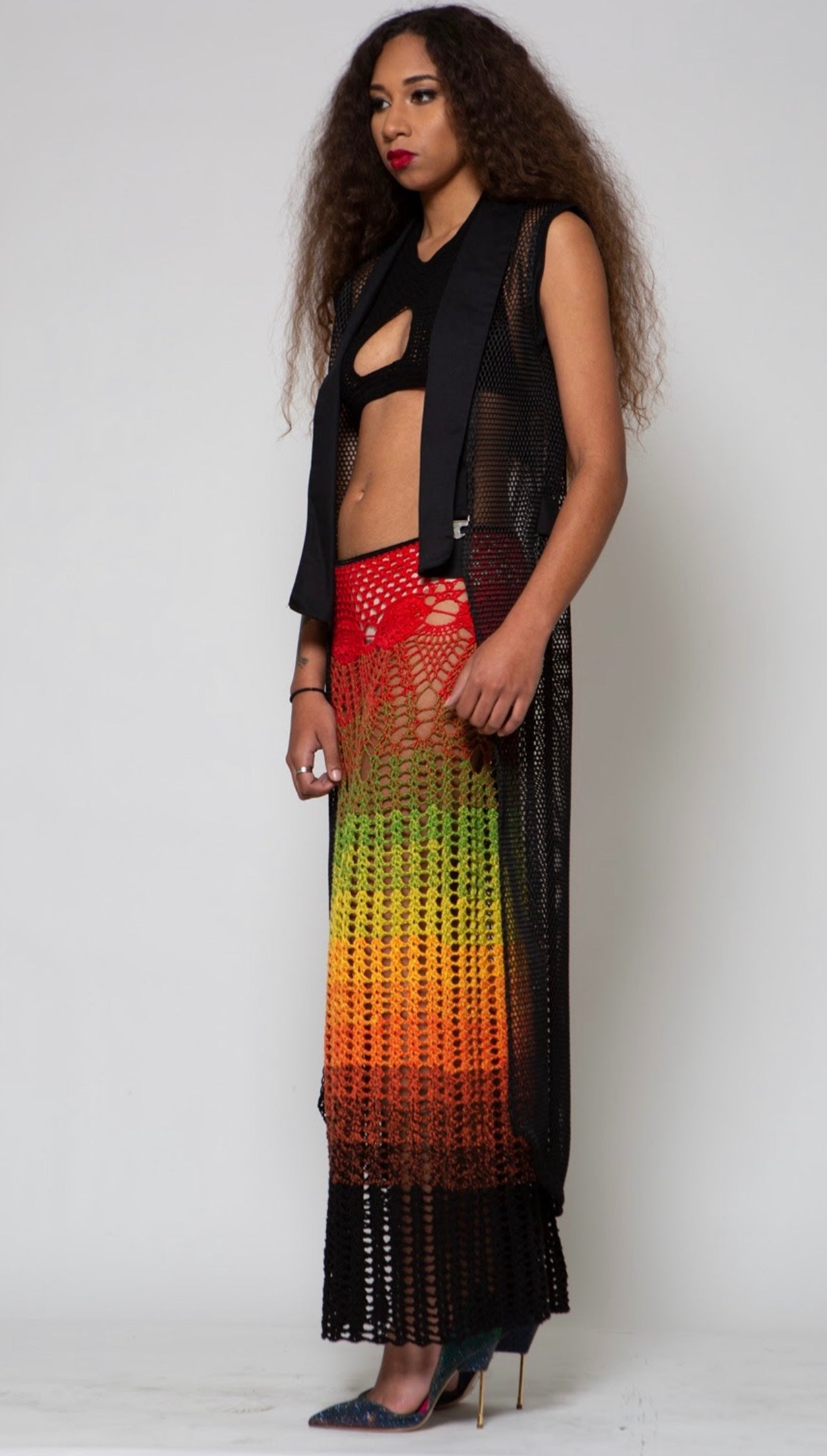 2pc Crochet "Rasta" Long Maxi Skirt w/ Black Peek-a-boo Halter Top  image 1