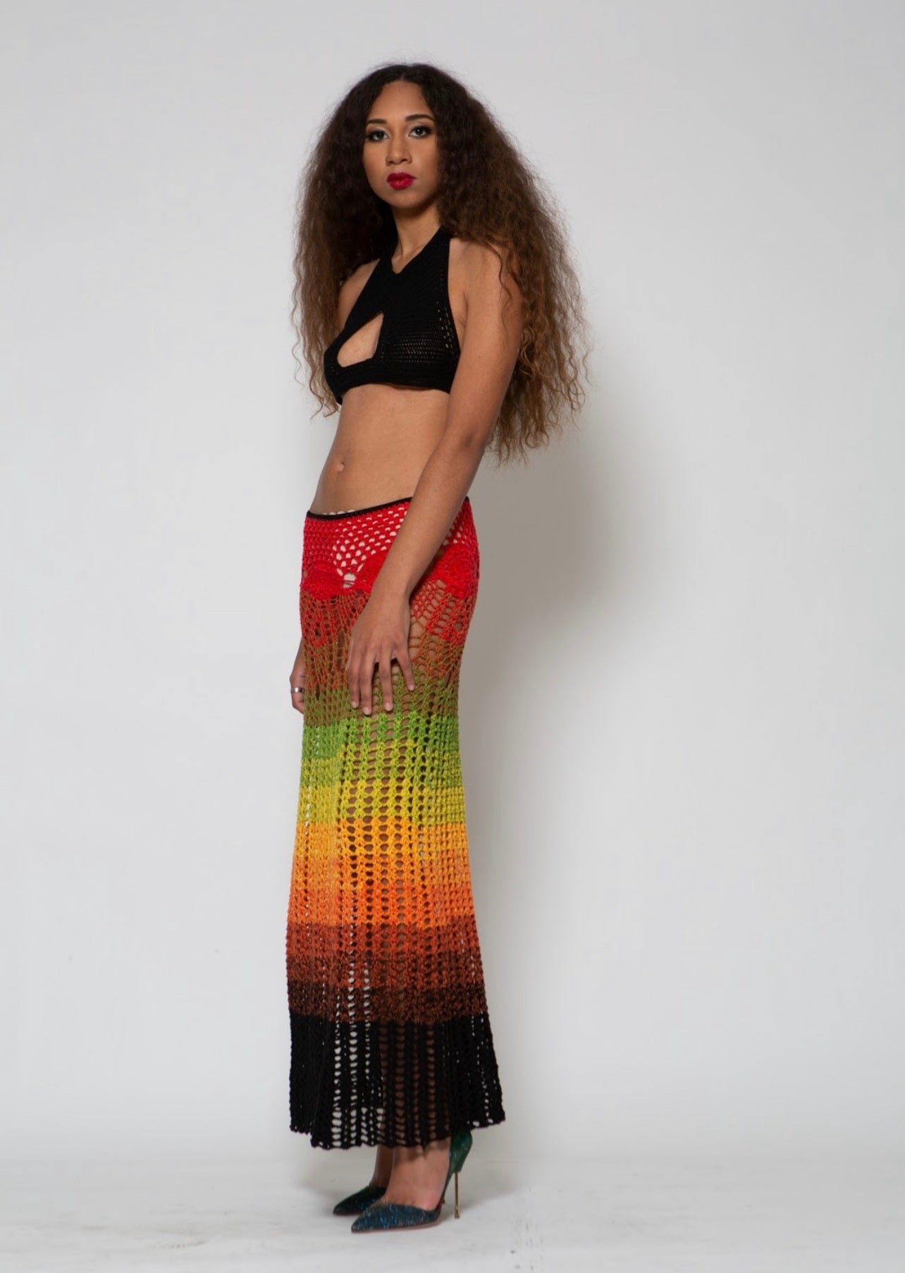 2pc Crochet "Rasta" Long Maxi Skirt w/ Black Peek-a-boo Halter Top  image 3