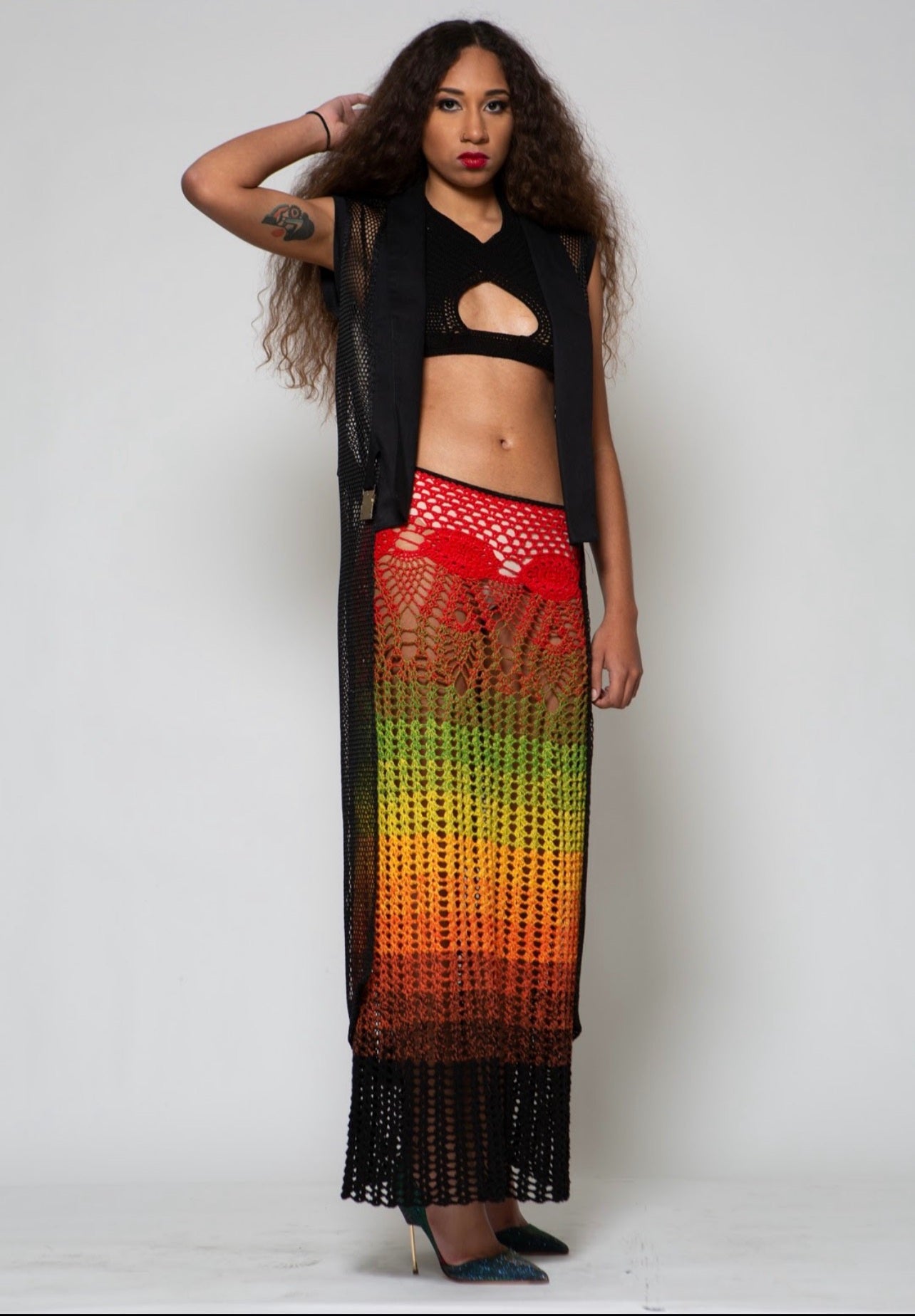2pc Crochet "Rasta" Long Maxi Skirt w/ Black Peek-a-boo Halter Top  image 5