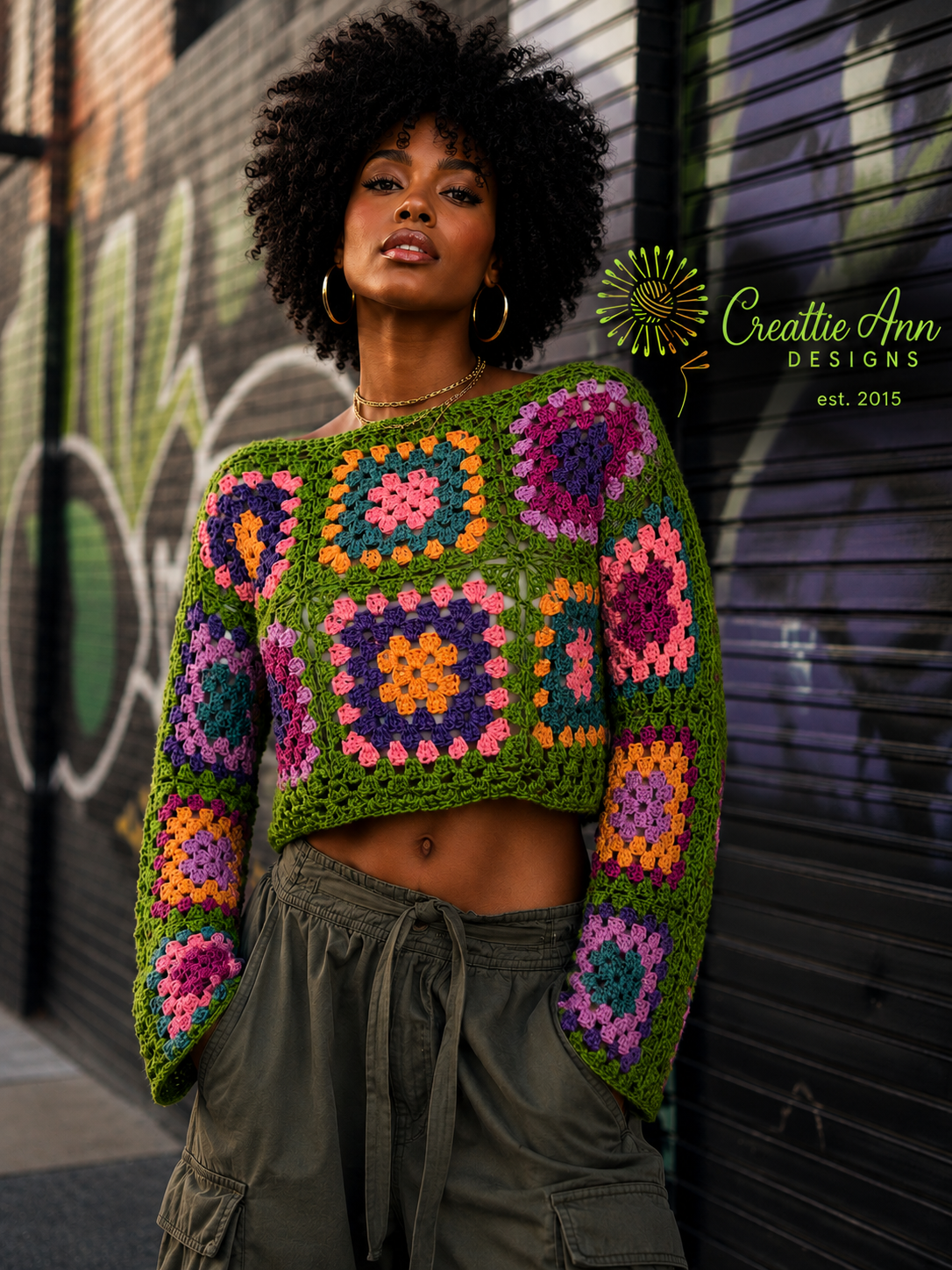 Urban Bloom Granny Square Crochet Crop Sweater