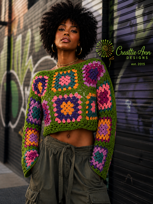 Urban Bloom Granny Square Crochet Crop Sweater